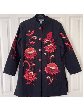 Indigo Moon Jacket Women’s Black Red Embroidered Floral Button Front Size M